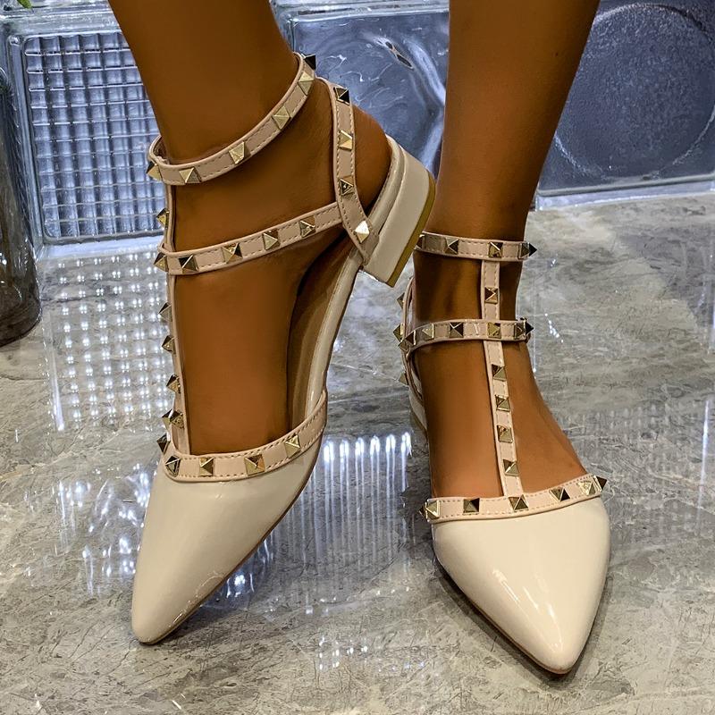 Fashion Low Heel Shoes Spring New Pointed Head Shallow Hollow Rivets with A Line with Anti-slip Wear-resistant Sandals