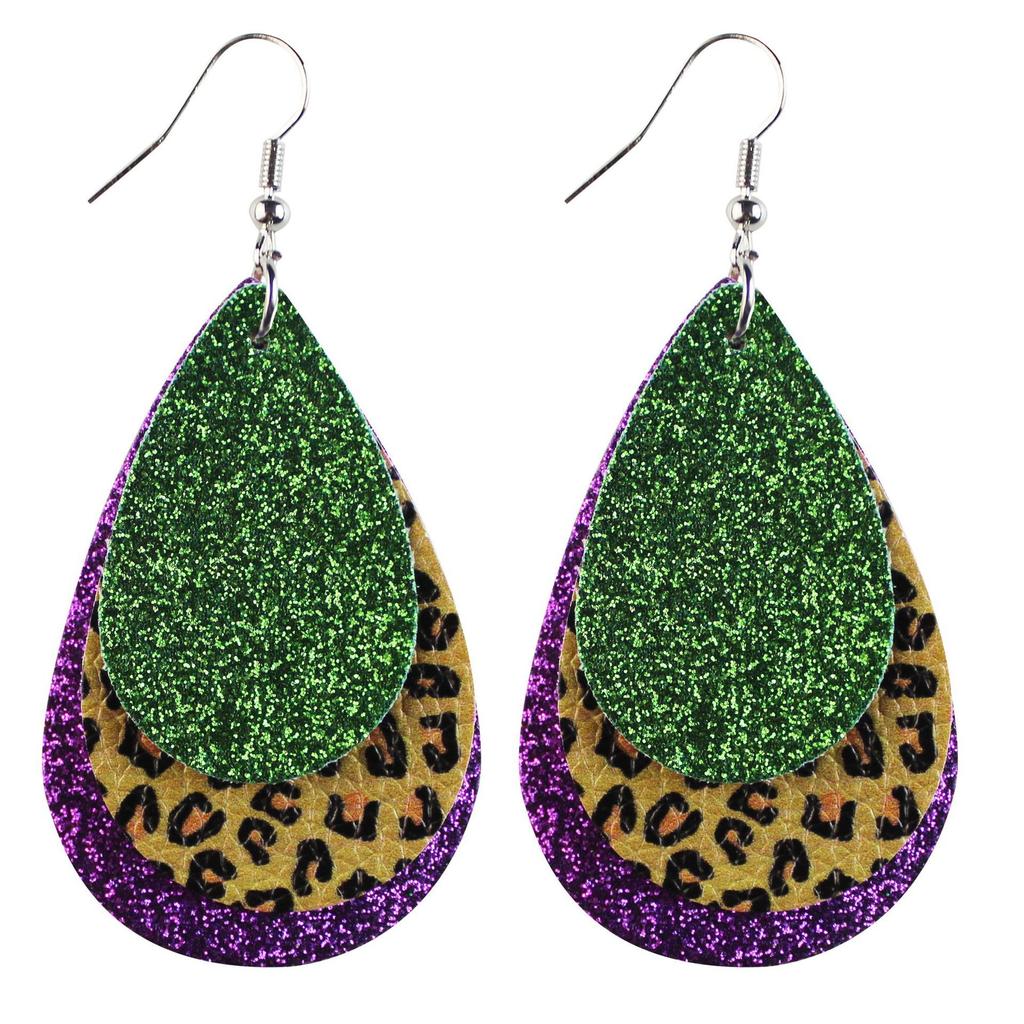 Carnival Three-Layer Leather Earrings, Cross Pattern Single-Sided Printing Scallion Powder Fine Powder Water Droplets Leaves