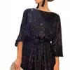 Women Sequins Round Neck Long Sleeve Casual Commute Bodycon Mini Dress
