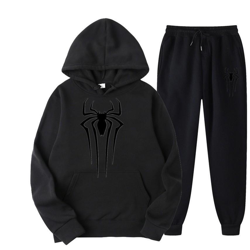 European and American men s casual sports suit fashionable spider print autumn and winter velvet thickened sports suit cool and handsome S