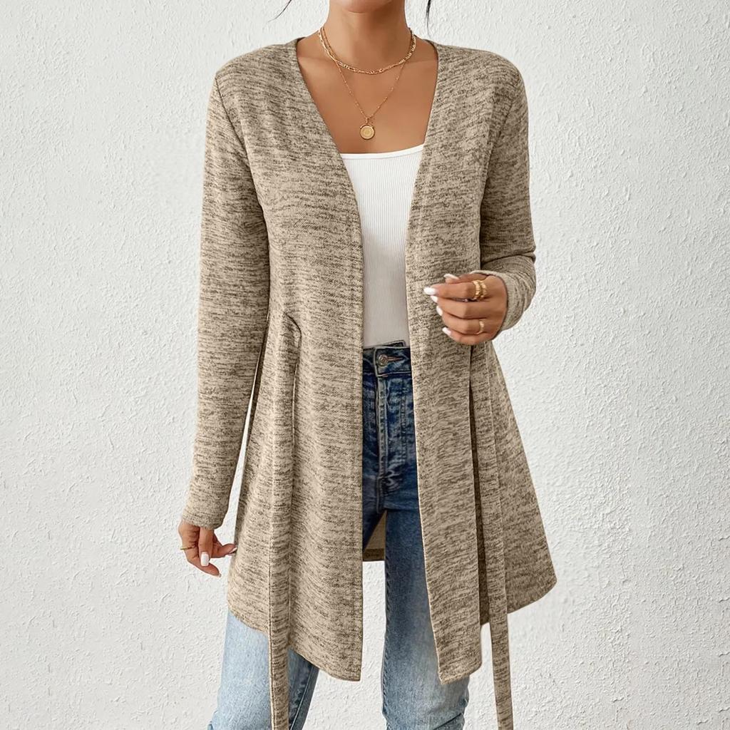 Women's Fashion Solid Color Long Sleeve Tie Casual Loose Cardigan Tops Jacket
