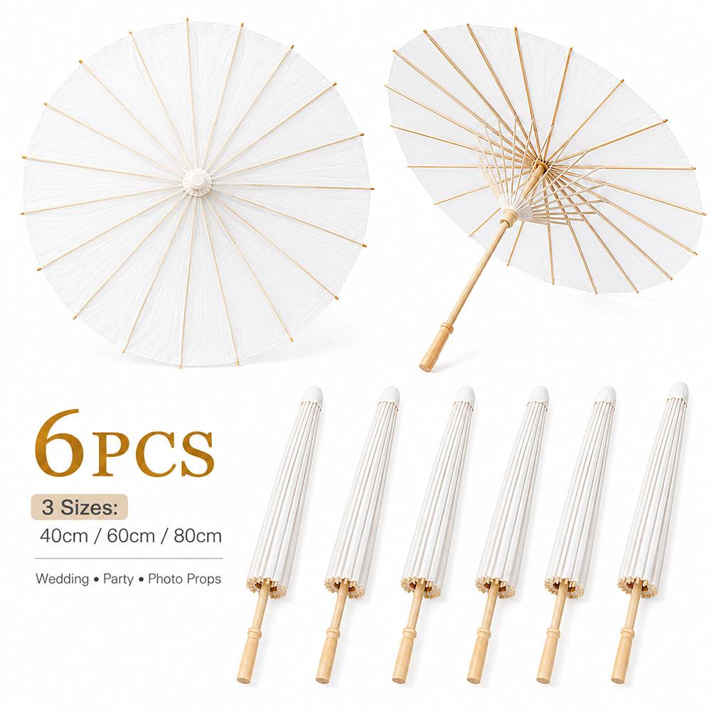 6PCS White Umbrella Paper Parasol 40/60/80cm Chinese Paper Umbrellas Photography Props Summer Whites Party Wedding Baby Shower