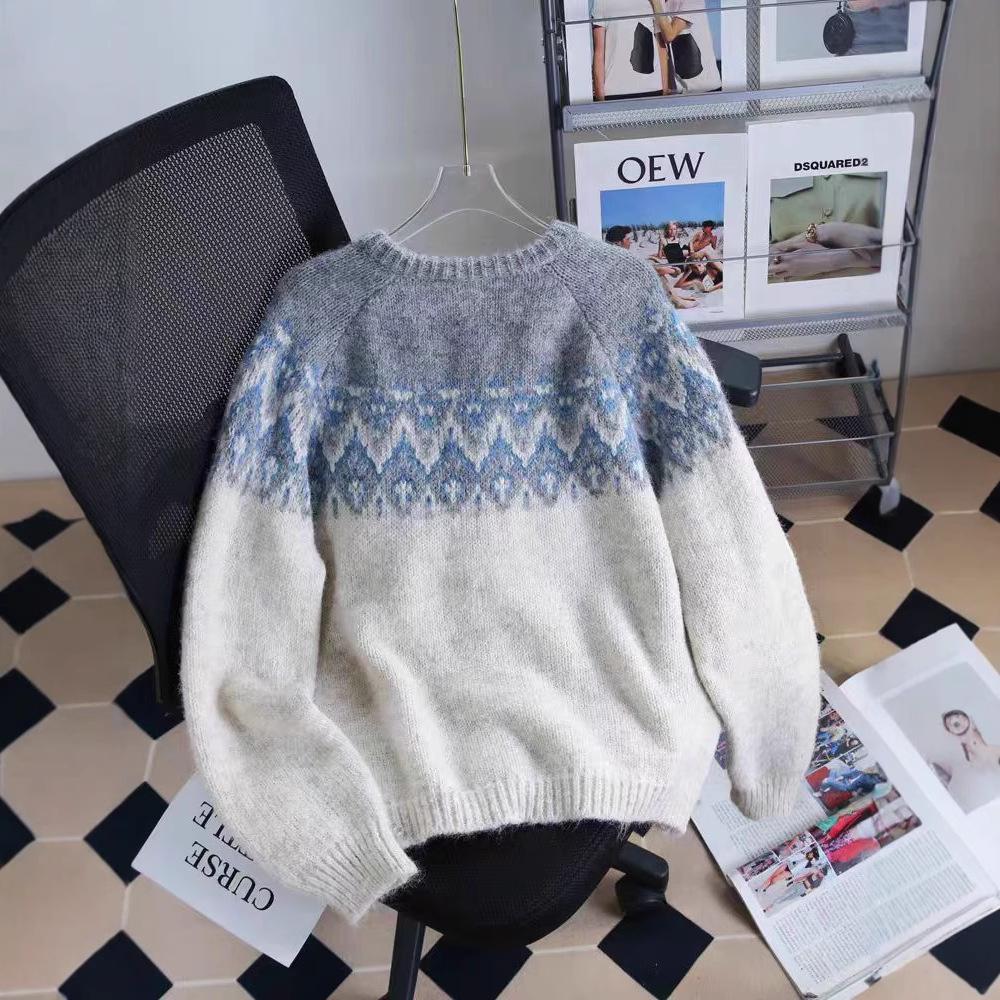 Women's Retro Fair Isle Color Block Knit Cardigan - Korean Style, Thick and Cozy for Autumn/Winter
