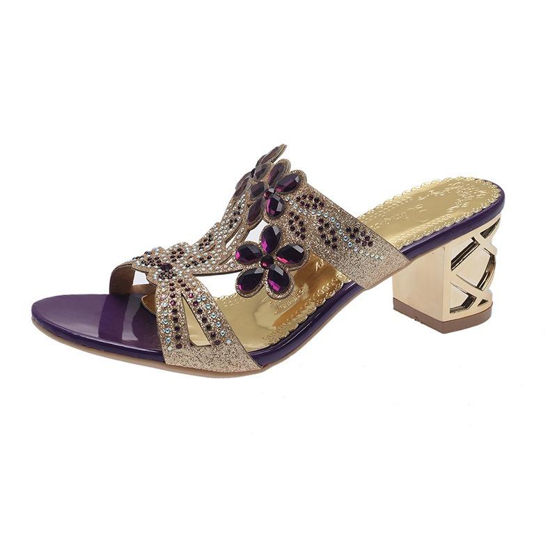 Sandale de vară pentru femei cu toc gros și vârf pătrat, tip slip, cu detaliu cataramă florală, încălțăminte casual elegantă franceză, respirabilă și ușoară.