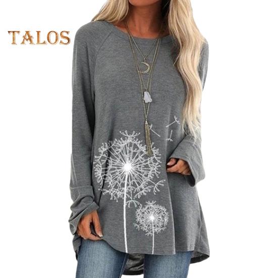 Tunique grande taille pour femme, imprimé pissenlit, chemise longue, col ras du cou, manches longues, pull-over, chemisier décontracté, coupe ample, pour le travail et la vie quotidienne