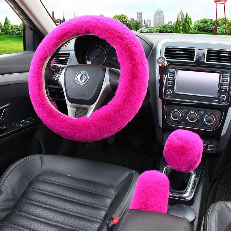 Männer Frauen Warm Plüsch Auto Lenkradbezug Winter Universal 36cm Weich Flauschig Handbremse Schalthebelbezug Auto Innenzubehör