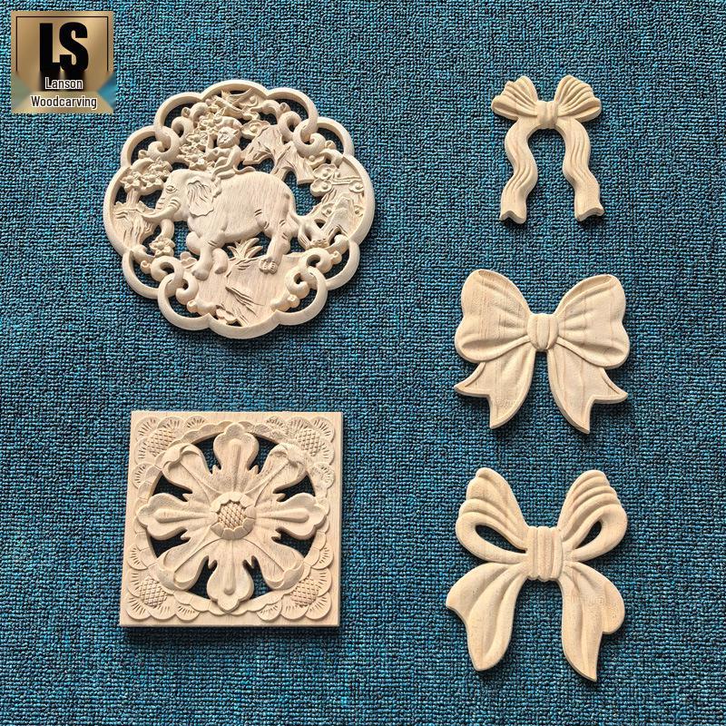 European Style Ruyi Decal Elephant Carving Wood Slice Flower A model 9x11.5cm