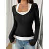 New Women's Blouses T-shirt Spring Fall Fashion Slim Halter Neck Fake Two-piece Stretch Long-sleeve Top Women Casual Clothing