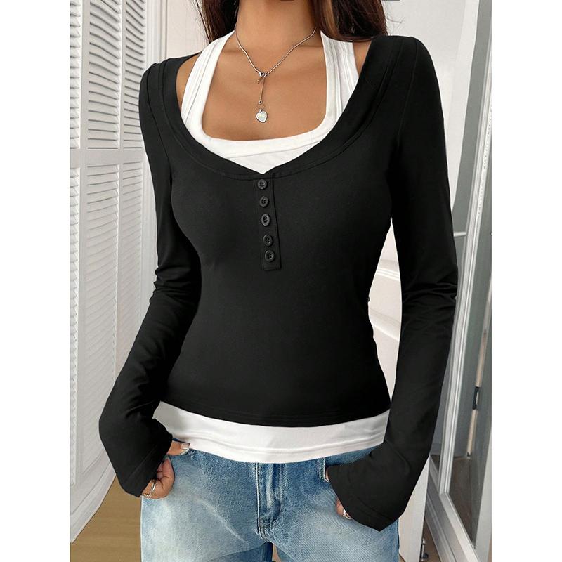 New Women's Blouses T-shirt Spring Fall Fashion Slim Halter Neck Fake Two-piece Stretch Long-sleeve Top Women Casual Clothing