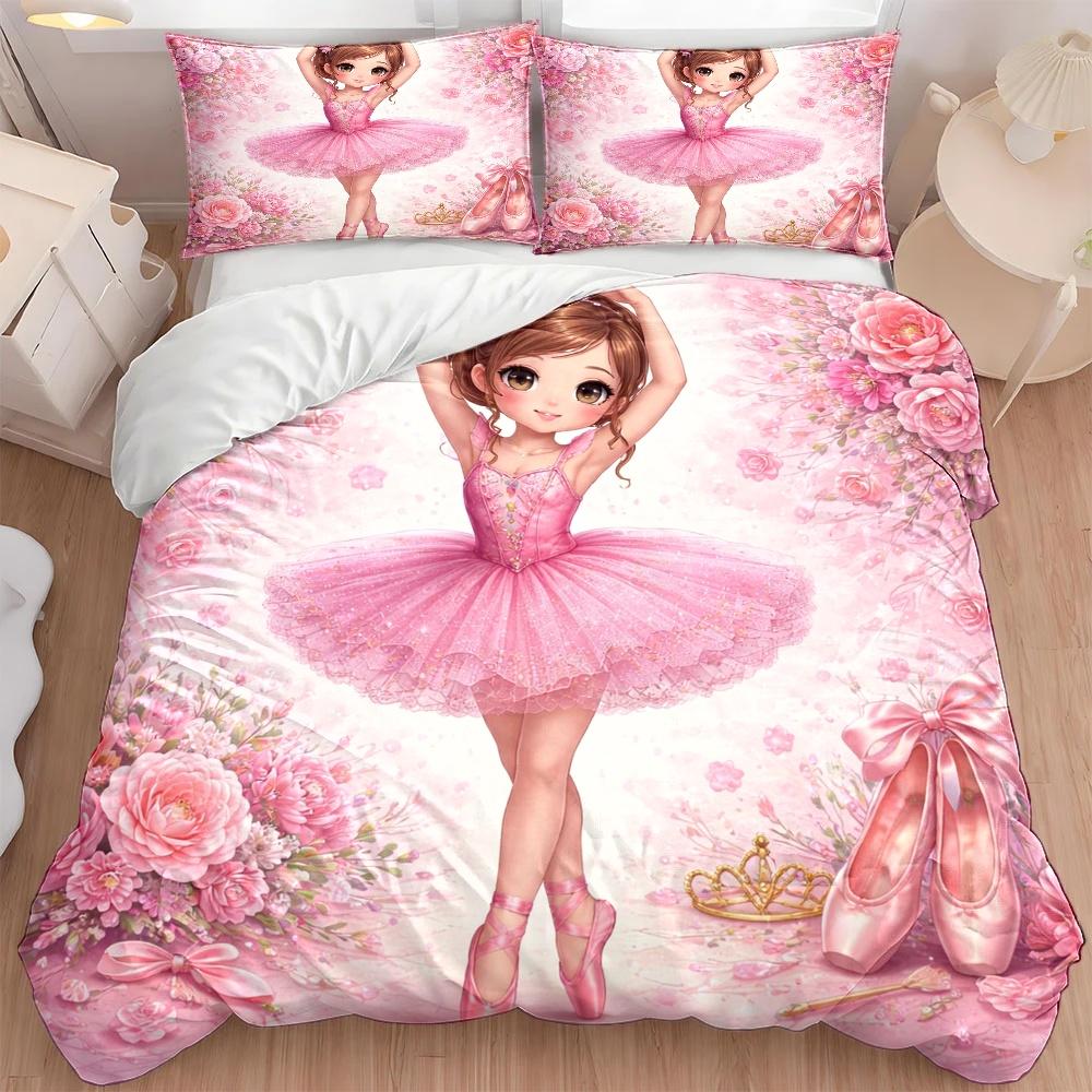 3Pc Ballet Princess Pink Floral Duvet Cover Set, 1*Duvet Cover + 2*Pillowcases, Three-Piece Bedding Set, Suitable for All Seasons, Machine W