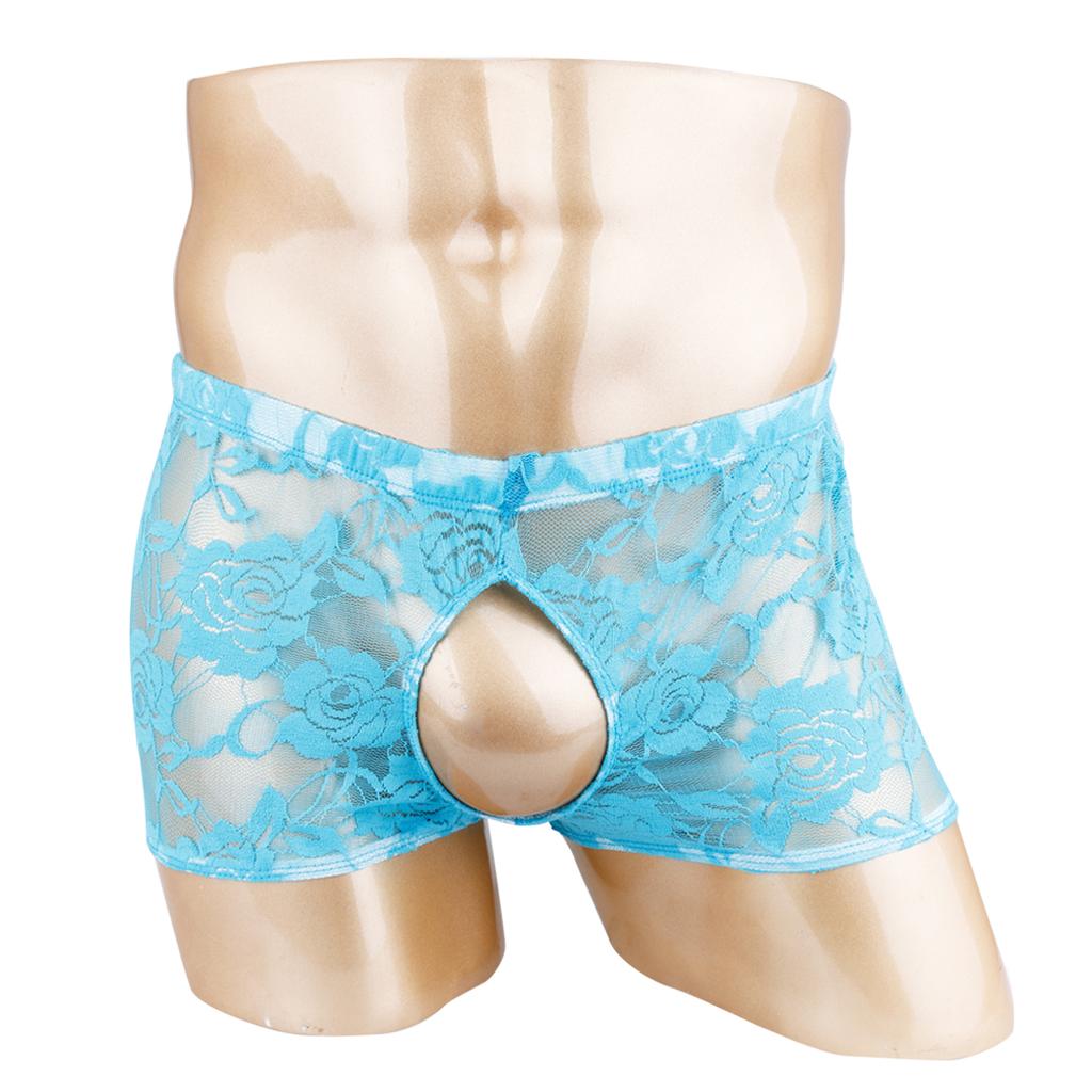 Men Sheer Lace Boxer Shorts Open Front Back See Through Pants Underwear