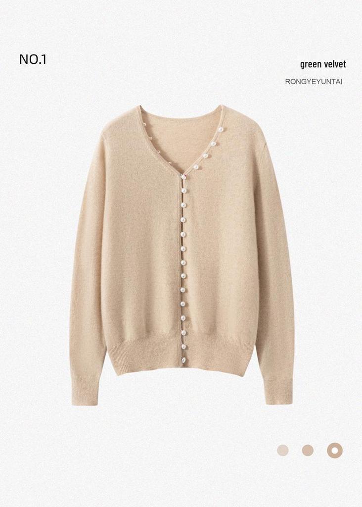 Women's 100% Cashmere Pearl-Embellished V-Neck Cardigan Sweater