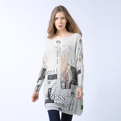 Vestido de malha feminino primavera e outono, pulôver de manga comprida, estampa de letras, suéter de malha plus size