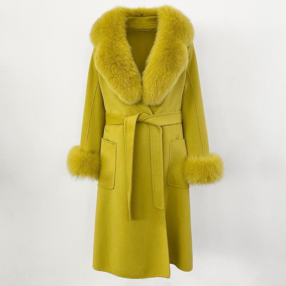 MENINA New  Autumn Winter Fashion 100% Wool Water-Corrugated Woolen Coat with Detachable Fox Fur Collar Women Daily Casual Wear