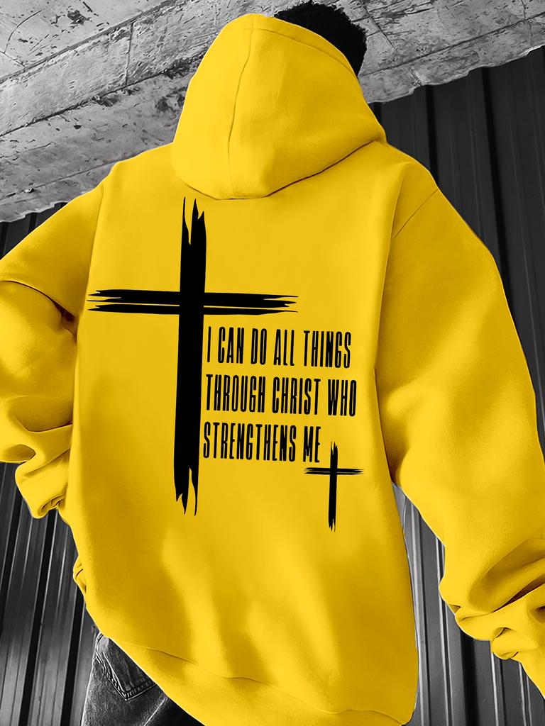 Christian Scripture Hoodie for Men Philippians 4:13 Cross Design Black Casual Pullover Hooded Sweatshirt Hip Hop Streetwear Top