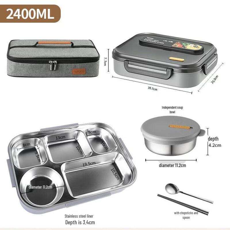 TAFUCO T5219 316L Stainless Steel 5-Compartment Lunch Box with Soup Container, 2.4L