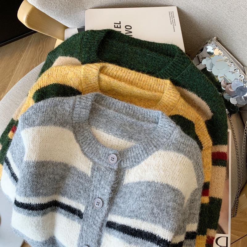 Vintage Color Block Stripe Knit Cardigan: Women's Soft, Thickened Warm Sweater Short Jacket