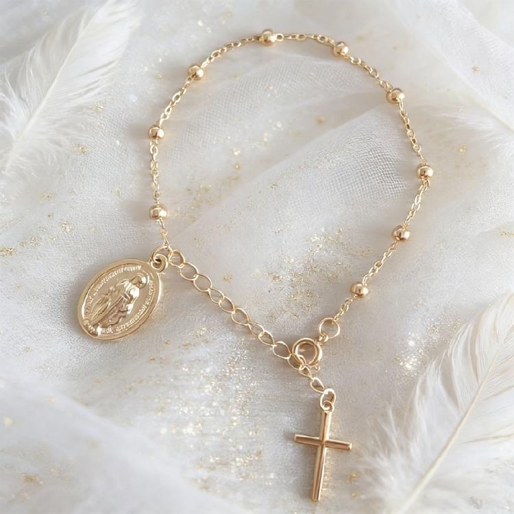 Bracciale Portatile con Croce e Perline della Vergine con Catena di Estensione da 5 cm