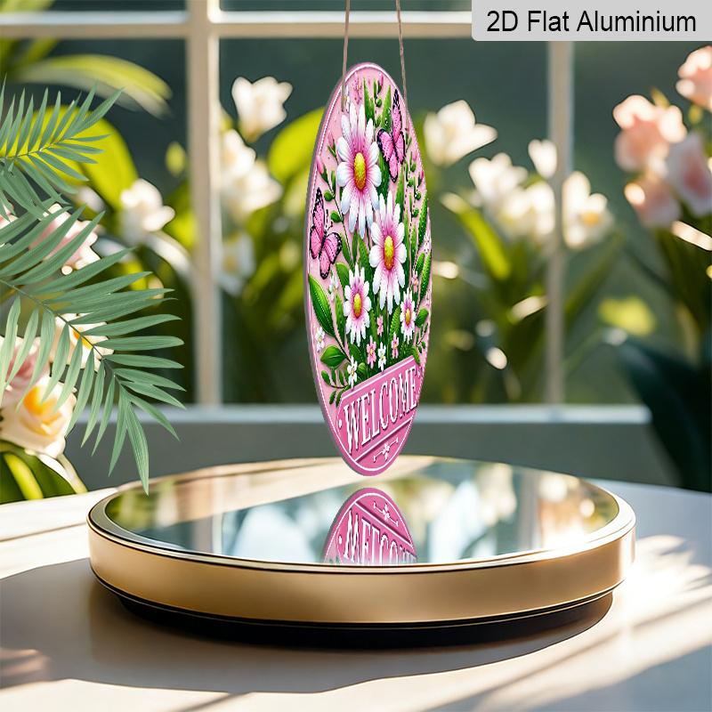 2D Flach, 1 Stück Charmantes Rosa Gänseblümchen & Schmetterling Willkommensschild - Runde Aluminium Türdekoration mit Lebendigem Blumendesign, Perfekt für Haus- & Garteneingang