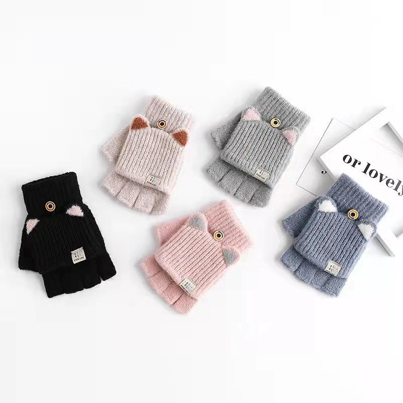 

New Women s Korean Style Cute Cat Ear Half-Finger Winter Writing Gloves - Warm, Knitted Flip-Top Design for Students. One Size чёрный