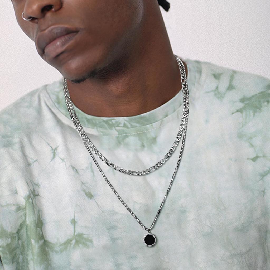 Vnox Stylish Mens Geometric Necklace with Black Enamel, Stainless Steel Metal Double Layered Chain Collar, Unique Gifts for Men