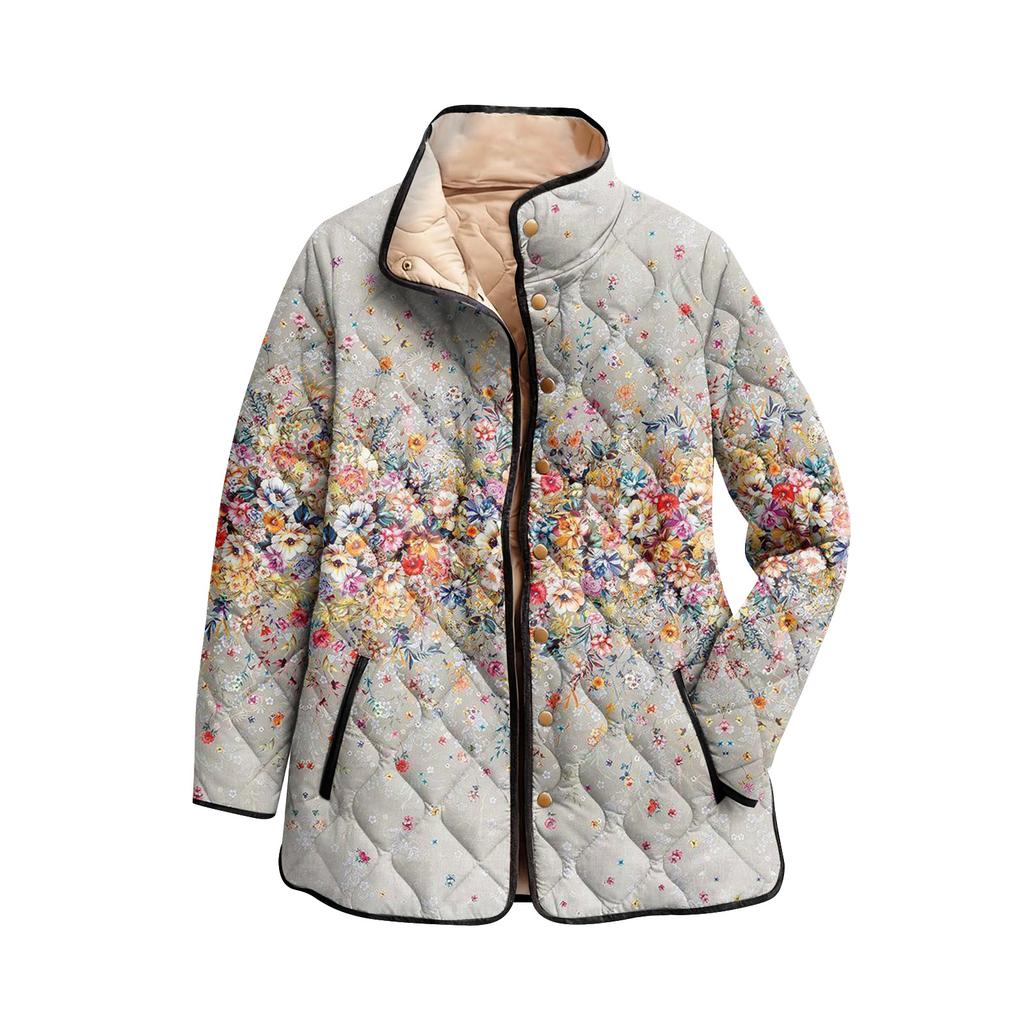 Women's Floral Print Stand Up Collar Pleated Cotton Long Sleeved Button Cotton Jacket