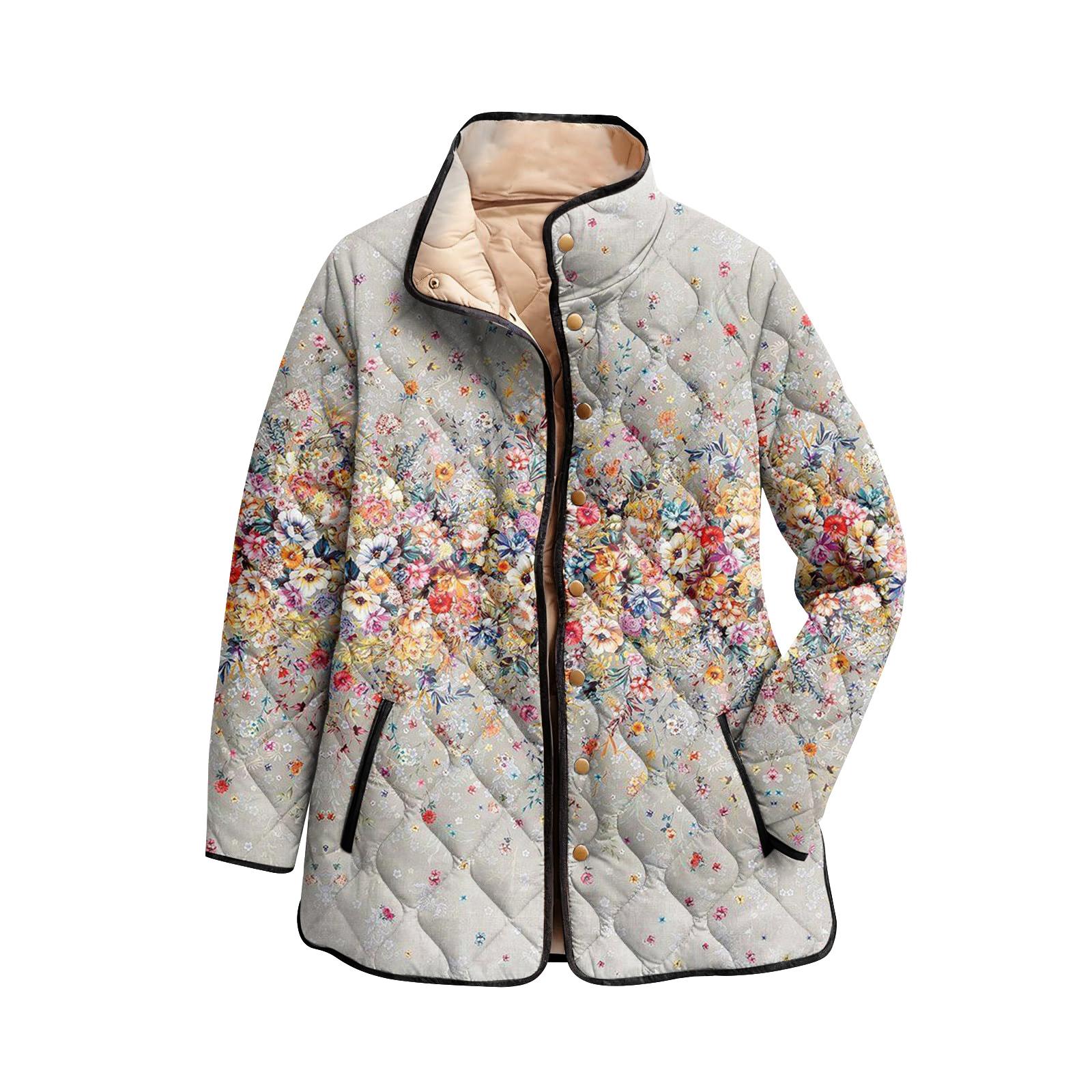 

Women s Floral Print Stand Up Collar Pleated Cotton Long Sleeved Button Cotton Jacket L