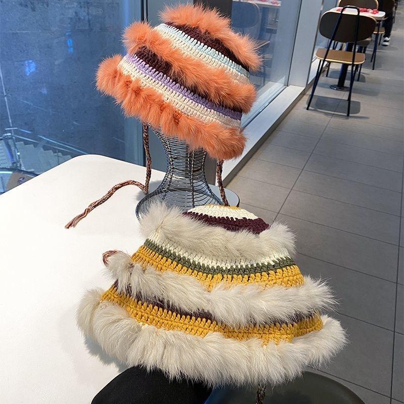 New autumn and winter rabbit fur decoration big head circumference women's fur hat fisherman's hat bucket hat ear protector knitted hat tide