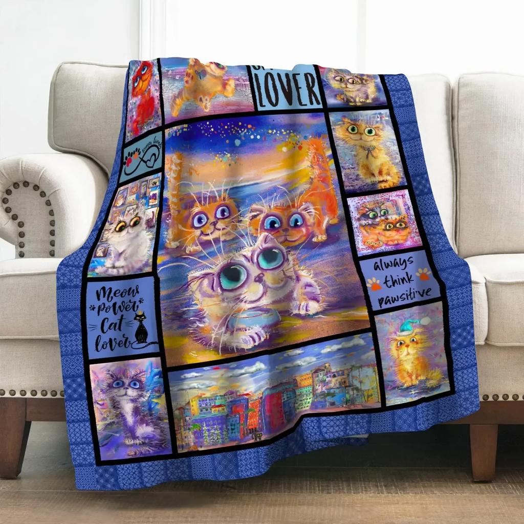 Cat Book Pattern Flannel Throw Blanket Gifts Reading Lover Cute Animals Decor Home Bedroom Soft Warm Cozy Lightweight King Size