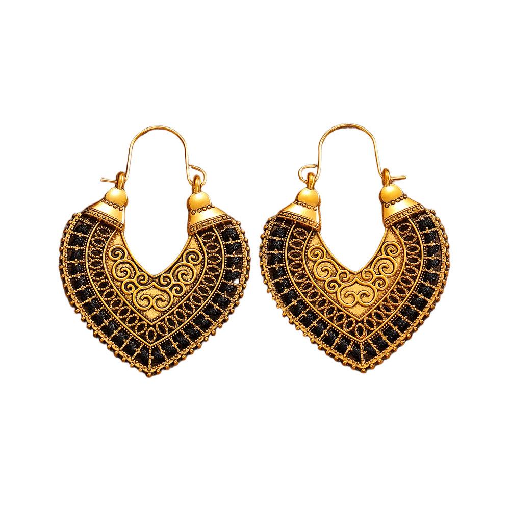 Bohemian Carved Hollow Heart & Geometric Semicircle Earrings