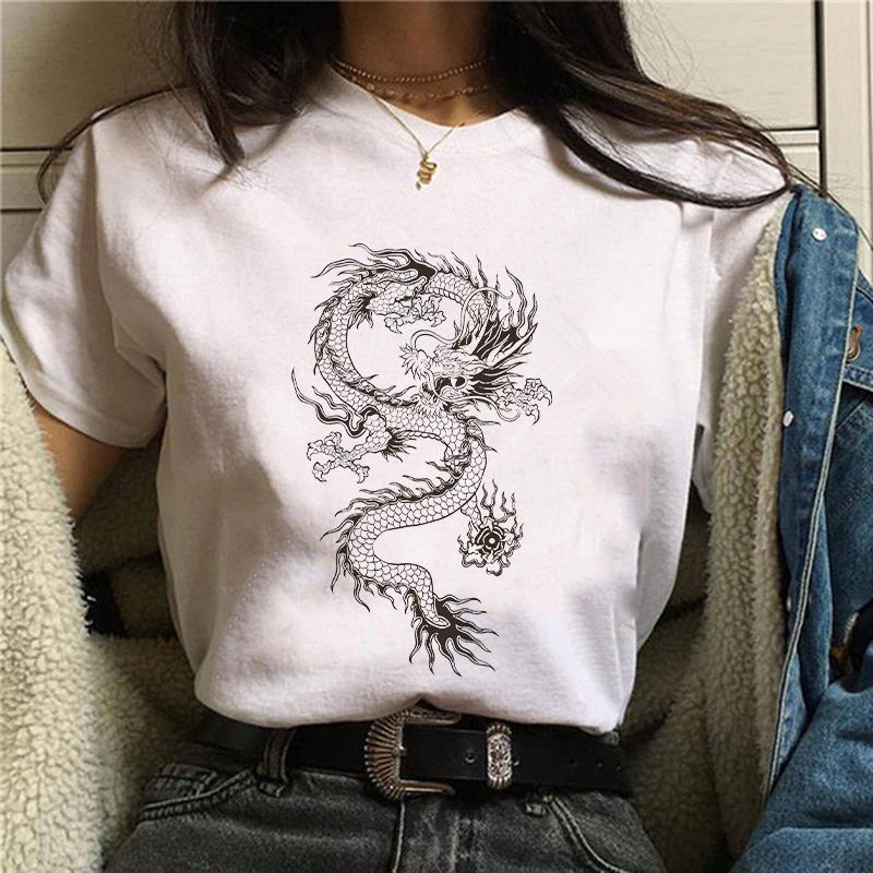 Harajuku Chinese Dragon Print Popular Fashion Trend Largesized Thin Unisexs and Womens Same Shortsleeved Tshirt Graphic