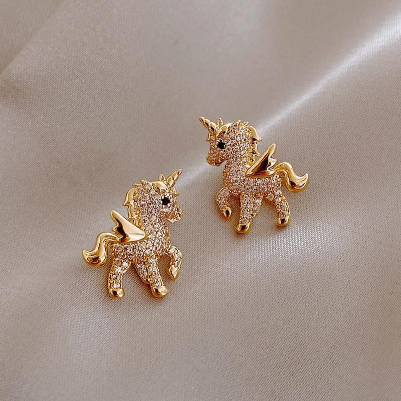 Children's Stud Earrings 'Unicorn' Golden Tone with Inlay…