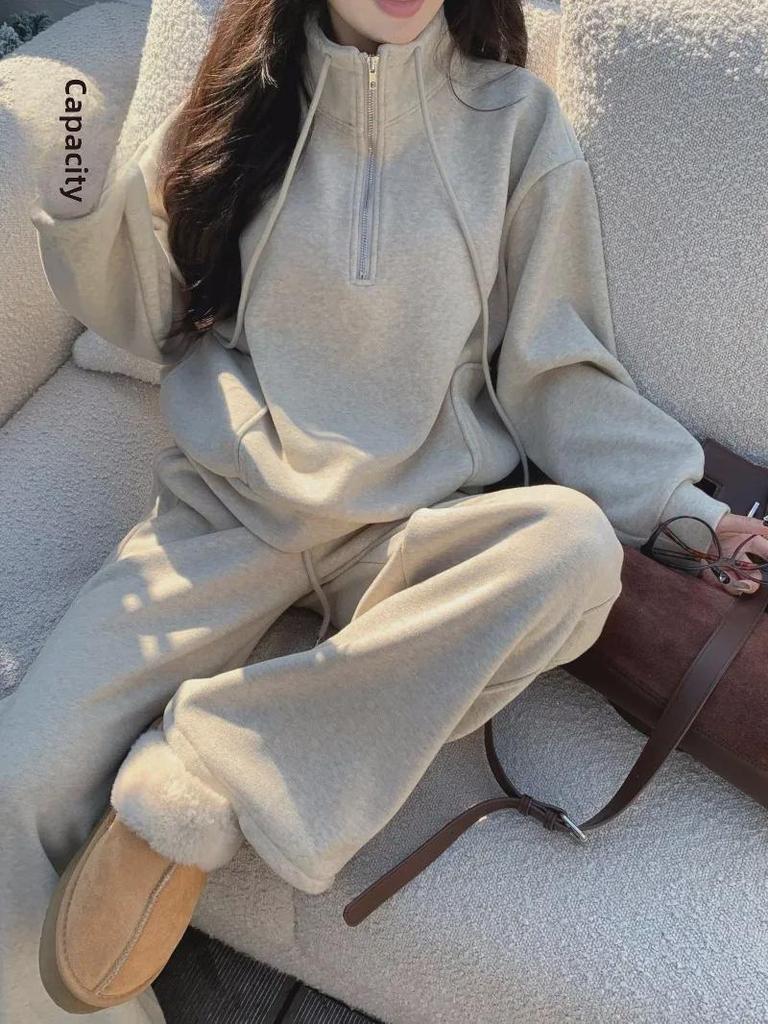 Koreanischer Damen-Freizeitanzug: Verdickter lockerer Mantel & Hochtaillierte weite Mopping-Hose – Perfekt für Frühling & Herbst.