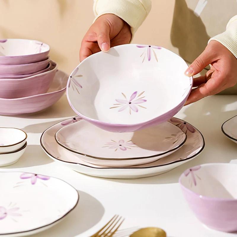 Romantyczne Fioletowe Ceramiczne Talerze Lekki Luksus Restauracja Talerz na Owoce i Sałatkę Domowa Kuchnia Talerz do Pasty Wykwintne Miseczki do Ryżu
