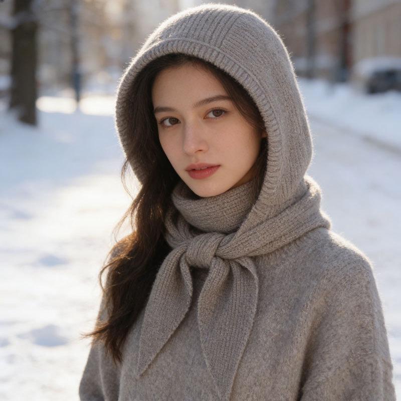 New Balaclava hat and scarf integrated women's winter versatile warm scarf knitted wool hooded