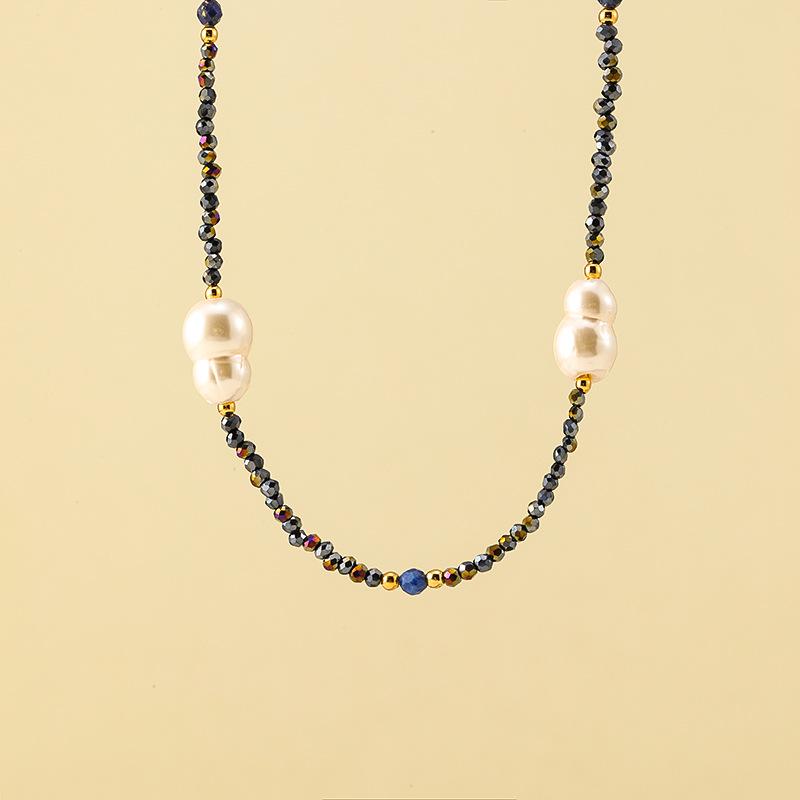 Handcrafted Black Spinel & Pearl Irregular Beaded Necklace & Bracelet Set for Women