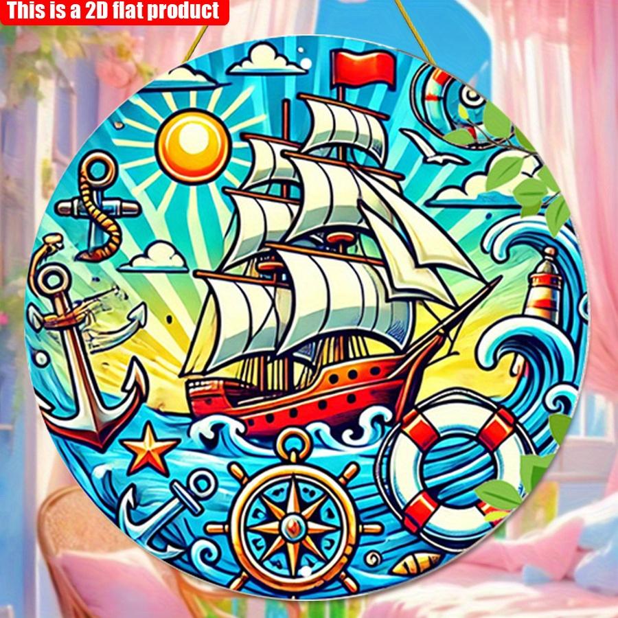 2D flat 20*20cm 1pc Retro Cartoon sailboat&anchor patterns wall art ornament, rustic Nautical theme decoration for Bedroom, sailboat, beach houses a