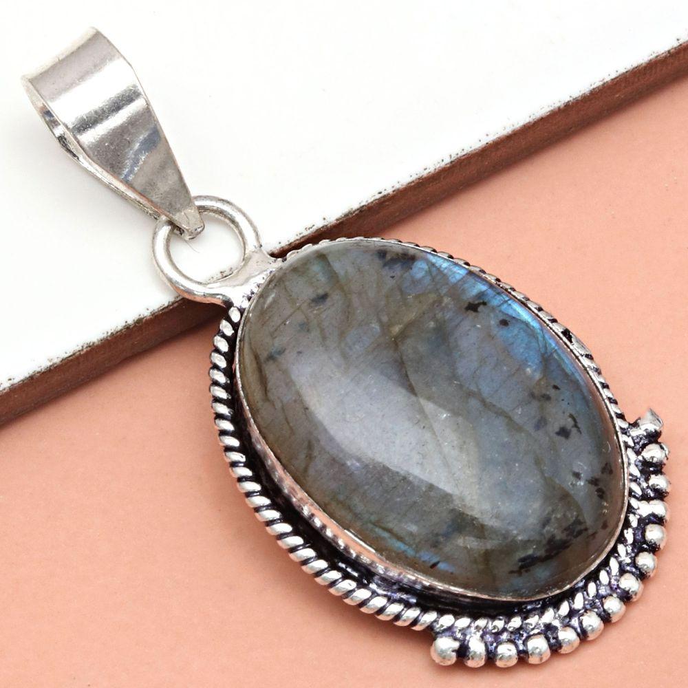 Přívěsek Lesklý Labradorit Drahokam Dárek Pro Ni Stříbrné Šperky 1,5"