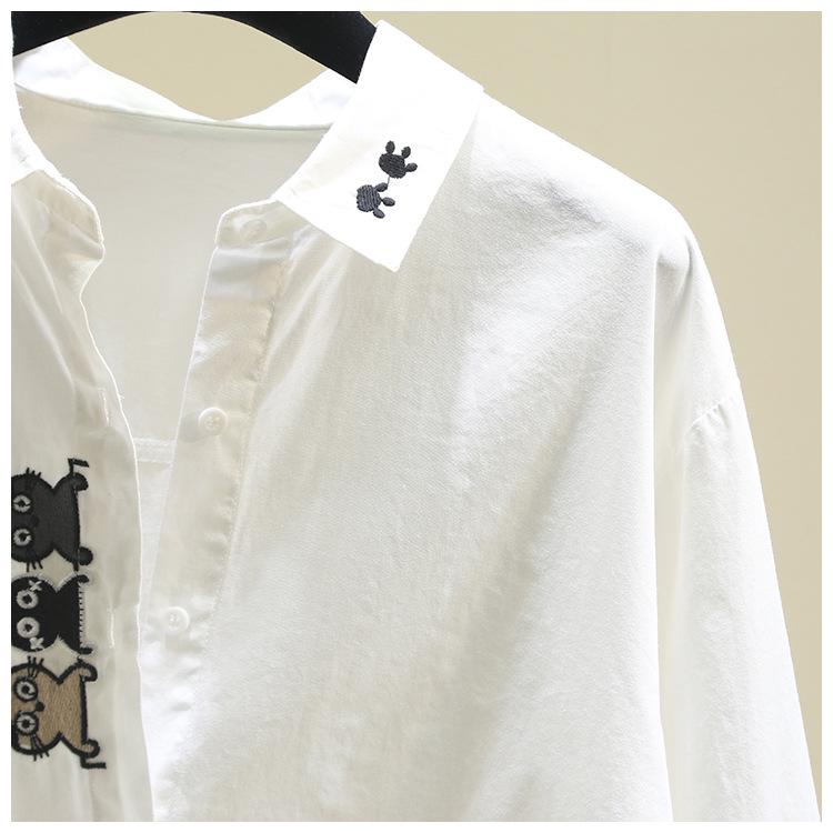 Cămașă de damă cu mânecă lungă din bumbac pur, cu broderie pisică - Top versatil casual de toamnă