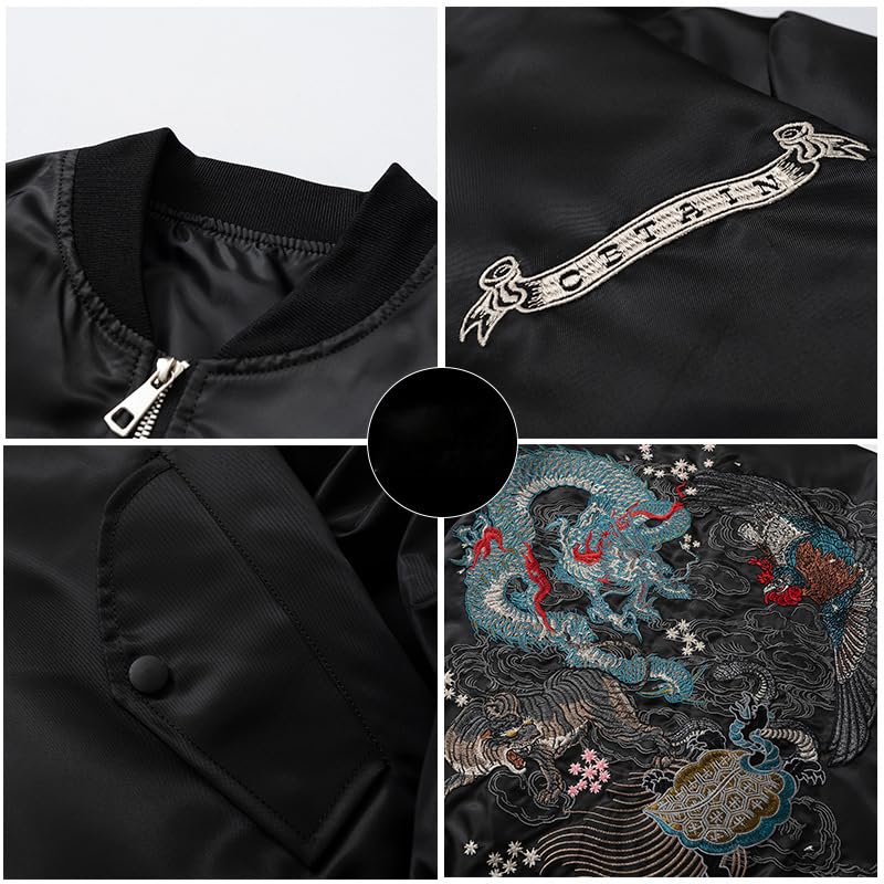 Sukajan Four Divine Beasts Embroidered Jacket Blouson Satin Fabric Japanese Pattern Padding Yokosuka Shiny Unisex Stadium Jacket Outerwear Baseball