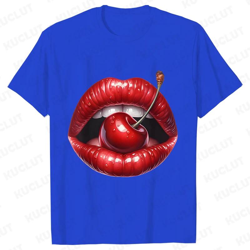 

Cherry Sexy Lips Funny Unisex Tshirts Watercolor Graphic Casual Tops Short Sleeve Tees Aesthetic Red Lips Trendy Female Clothing 4XL
