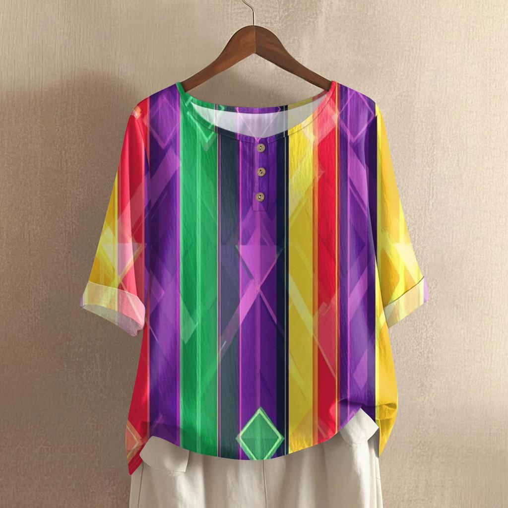 Women's Fashionable And Casual Shirt Half-sleeve Round Neck Cotton And Linen Blouse Top