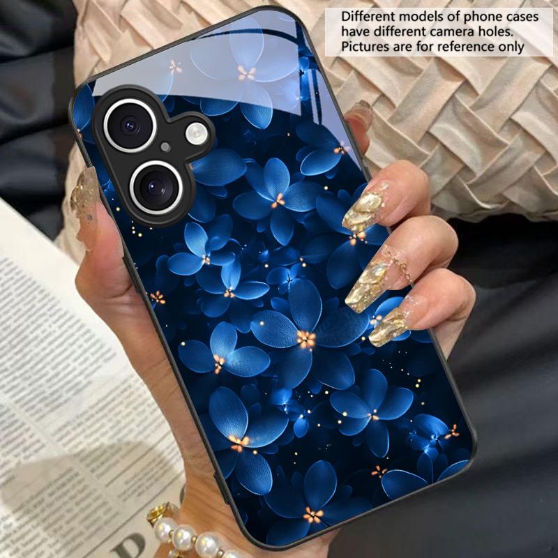 Blue and White Flowers For Apple iPhone 16E 16 E 11 13 15 P Ro 14 Pro Max 12 Mini 7 8 Plus XS Black Tempered Glass Phone Case
