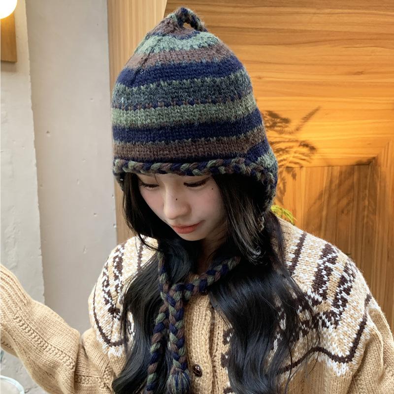 Autumn and winter retro hand-knitted braided wool hat women's velvet warm versatile bag head ear protection hat