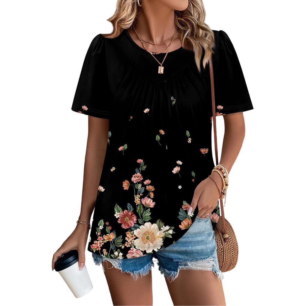 Women's Casual Fashion Round Neck Floral Printed Pleated Short Sleeve T,shirt Top