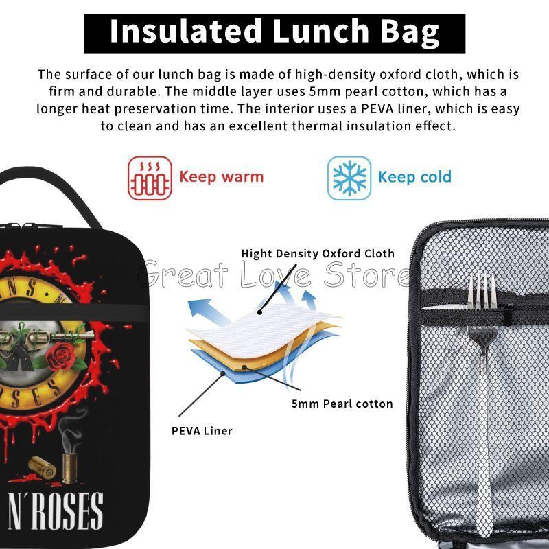 Heavy Metal Guns N Roses Thermal Lunch Bag Portable Insulated Lunch Bento Box for Women Men Work Travel Picnic Food Storage Bags