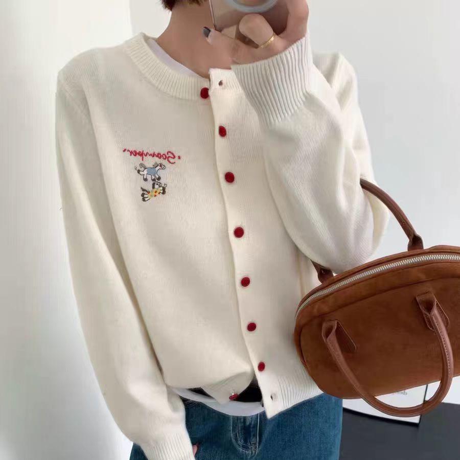 Plus Size Women's New Year Round Neck Knit Cardigan with Little Horse Embroidery – Autumn/Winter Long Sleeve Top