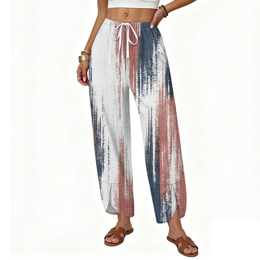 Women's Casual Loose Fit Wide Leg Drawstring Pants Floral Print Straight Cut Lightweight Trousers for Everyday Wear