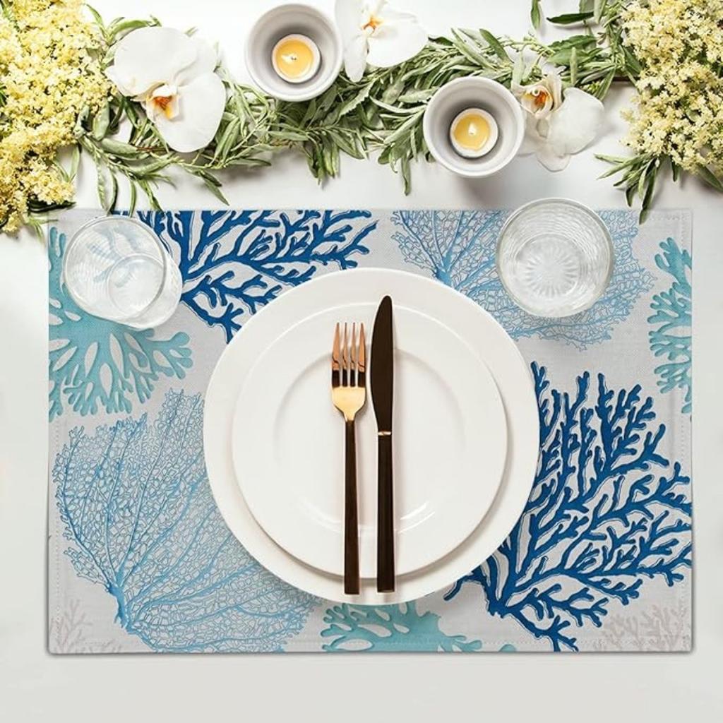 4KS Prostírání Oceán Korál Zelené Letní Korálový Útes Lněné Stolní Podložky Námořní Moře Mořské Mořské Řasy Žáruvzdorné Prostírání pro Stolování Kuchyň 32x45cm