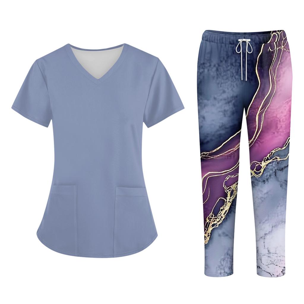 Bedruckte Oberteile für die Arbeitsuniform in Übergröße für Damen, V-Ausschnitt, Halloween-Aufdruck, kurzärmliges Fun-T-Shirt, Workwear-T-Shirt mit Taschen